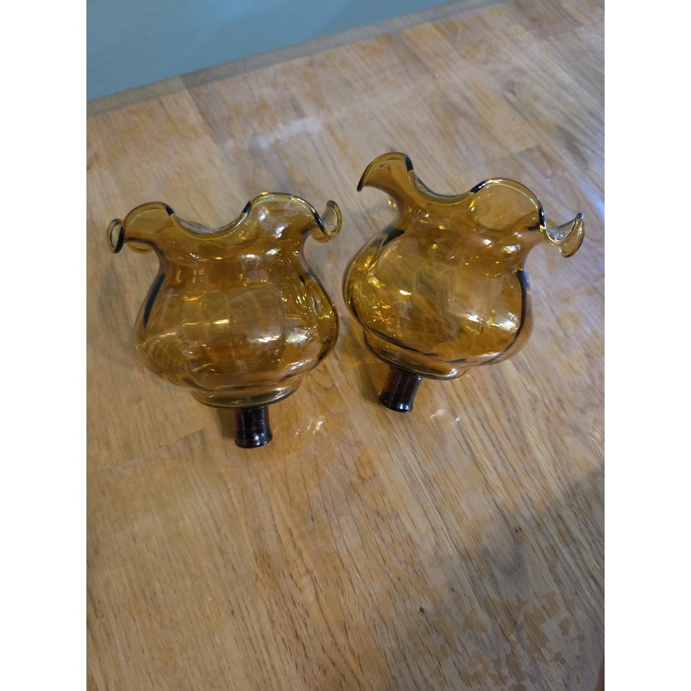 Pair Vtg Short Peg Amber Votive Candle Holder Sconce Ruffled Edges